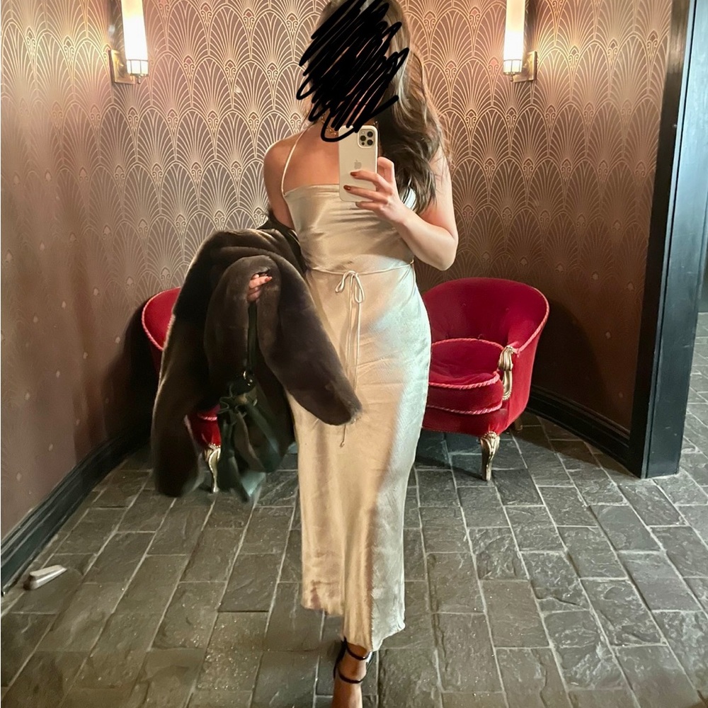 Champagne gold silk lace up back midi dress